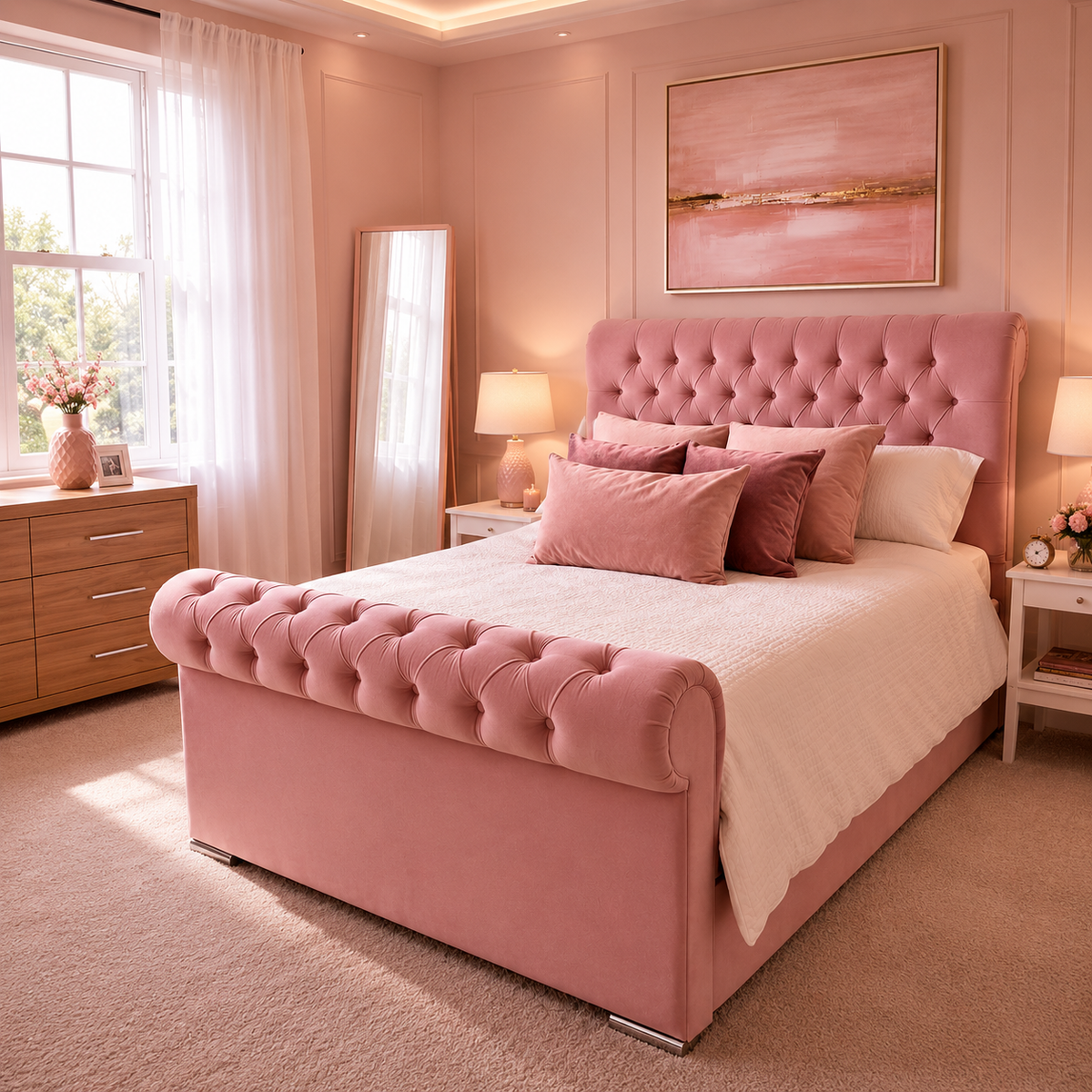 Sleigh Frame Bed Plush velvet - Curved Headboard
