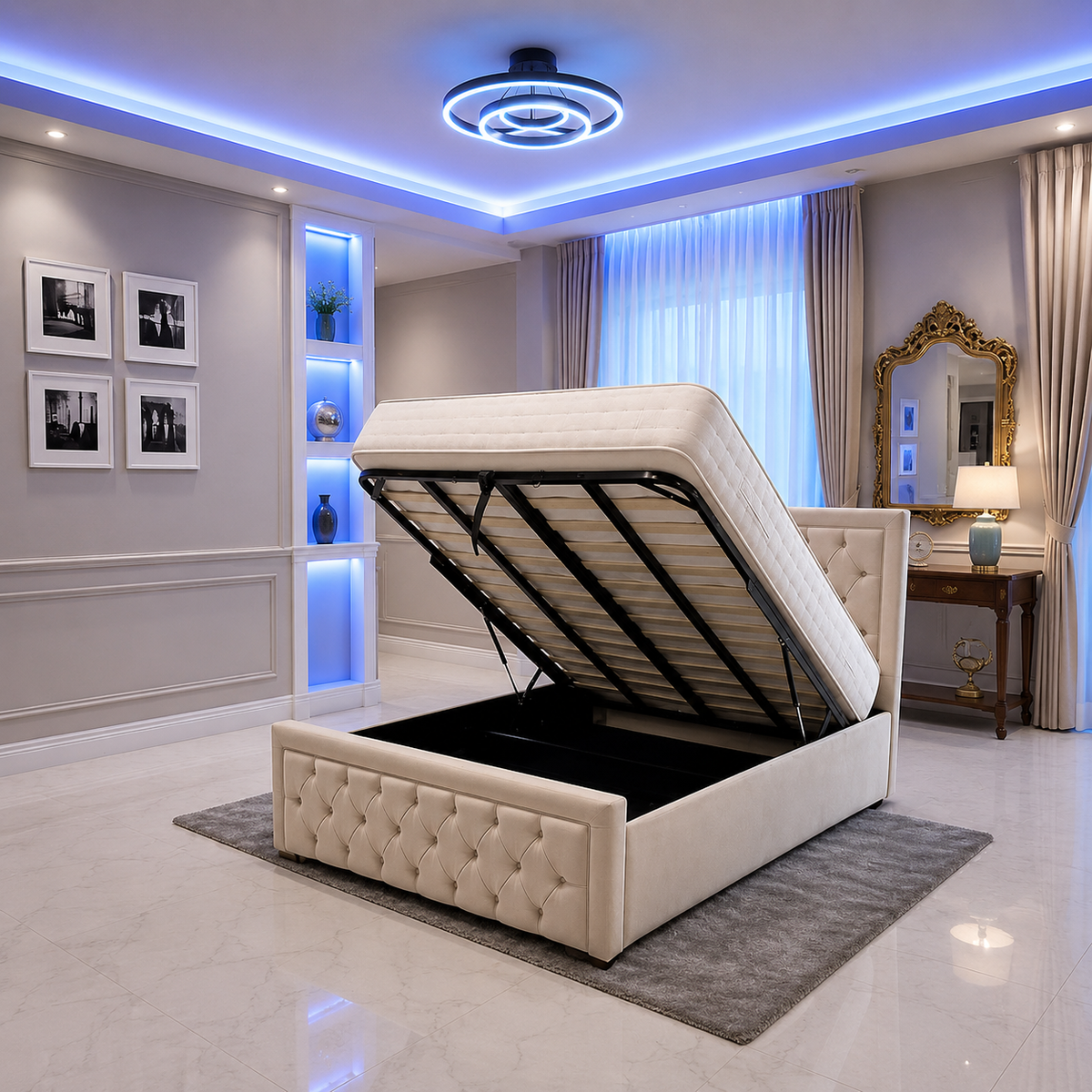 Upholstered Gas Lift Up Storage Beds - Multi Storage Design
