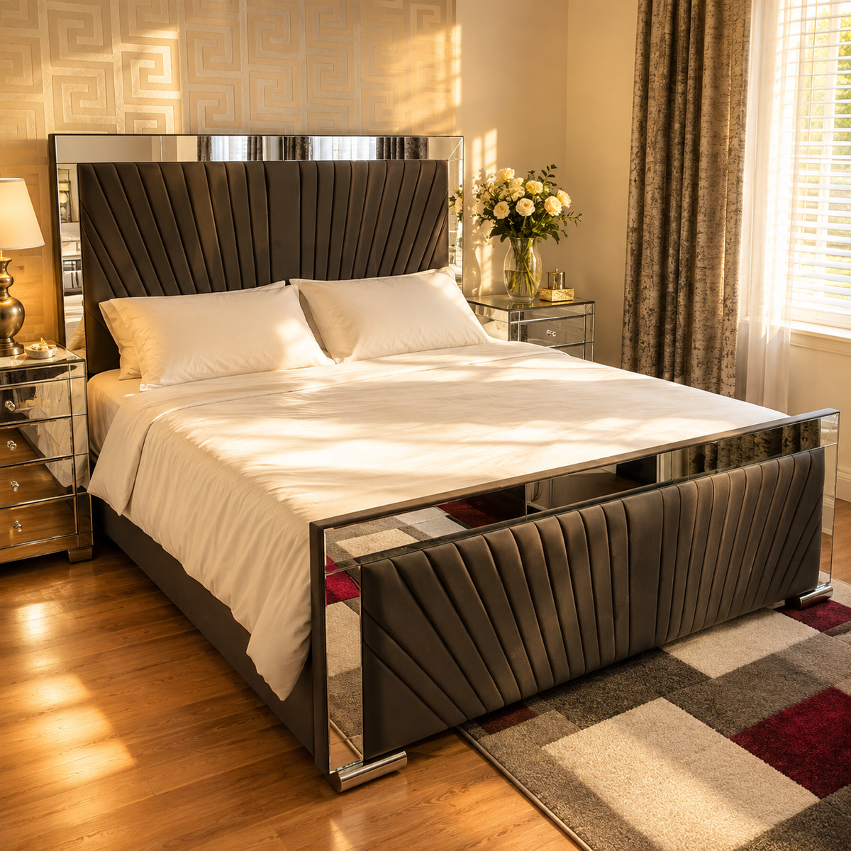 Mirror Bed – Luxury Upholstered Bed | Elegant Mirrored Frame | All Sizes Available