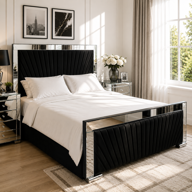 Mirror Bed – Luxury Upholstered Bed | Elegant Mirrored Frame | All Sizes Available