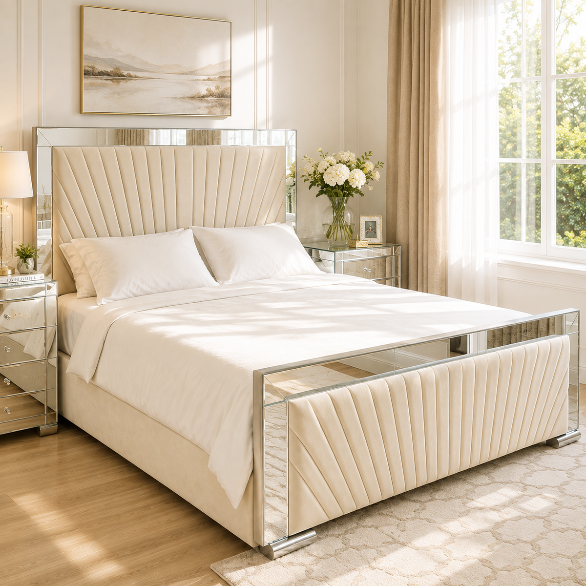 Mirror Bed – Luxury Upholstered Bed | Elegant Mirrored Frame | All Sizes Available