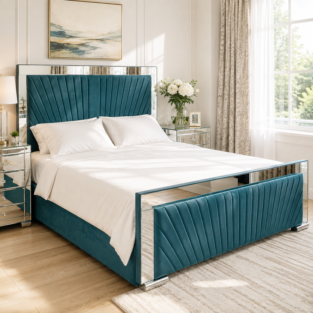 Mirror Bed – Luxury Upholstered Bed | Elegant Mirrored Frame | All Sizes Available